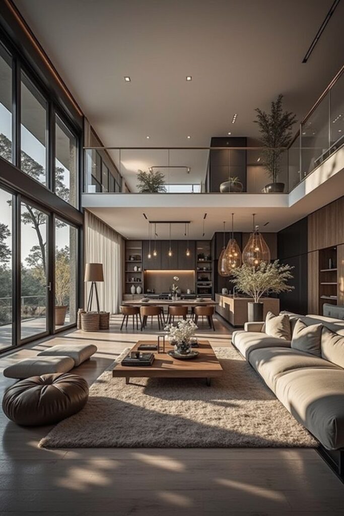 luxurious modern living room with high ceilings, dark wood floors & elegant décor