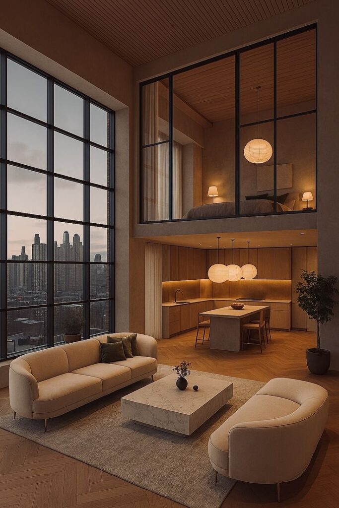 modern nyc loft apartment makeover with cream velvet sofa, marble table & warm wooden ceiling